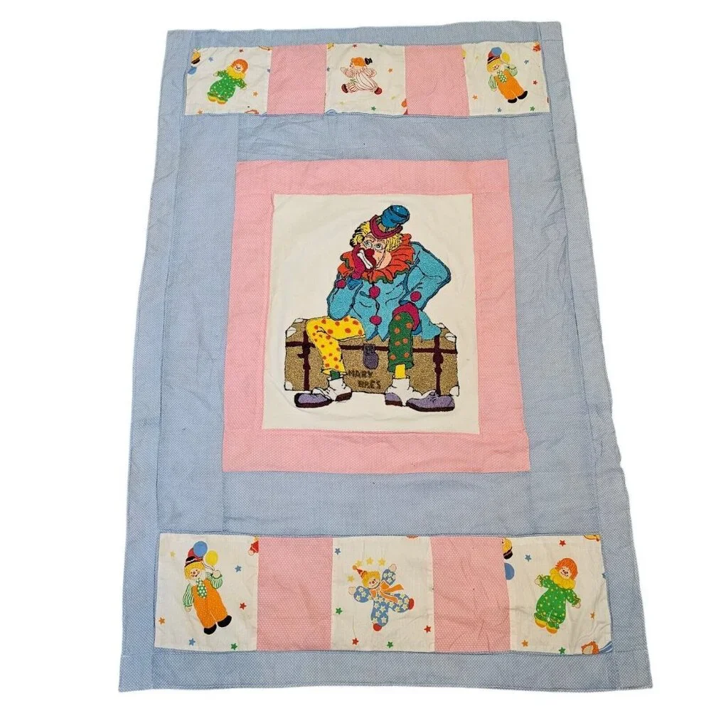 Vintage 80s Clown‎ Kids Quilt Patchwork Applique 40x60 Baby Tummy Time Handmade